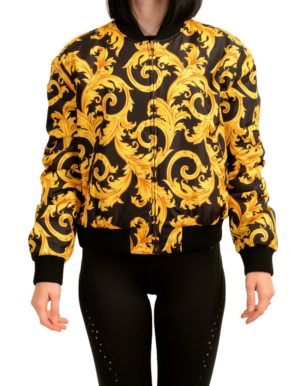 Versace Women's Black & Barocco Print Reversible Bomber Jacket US XL IT 46